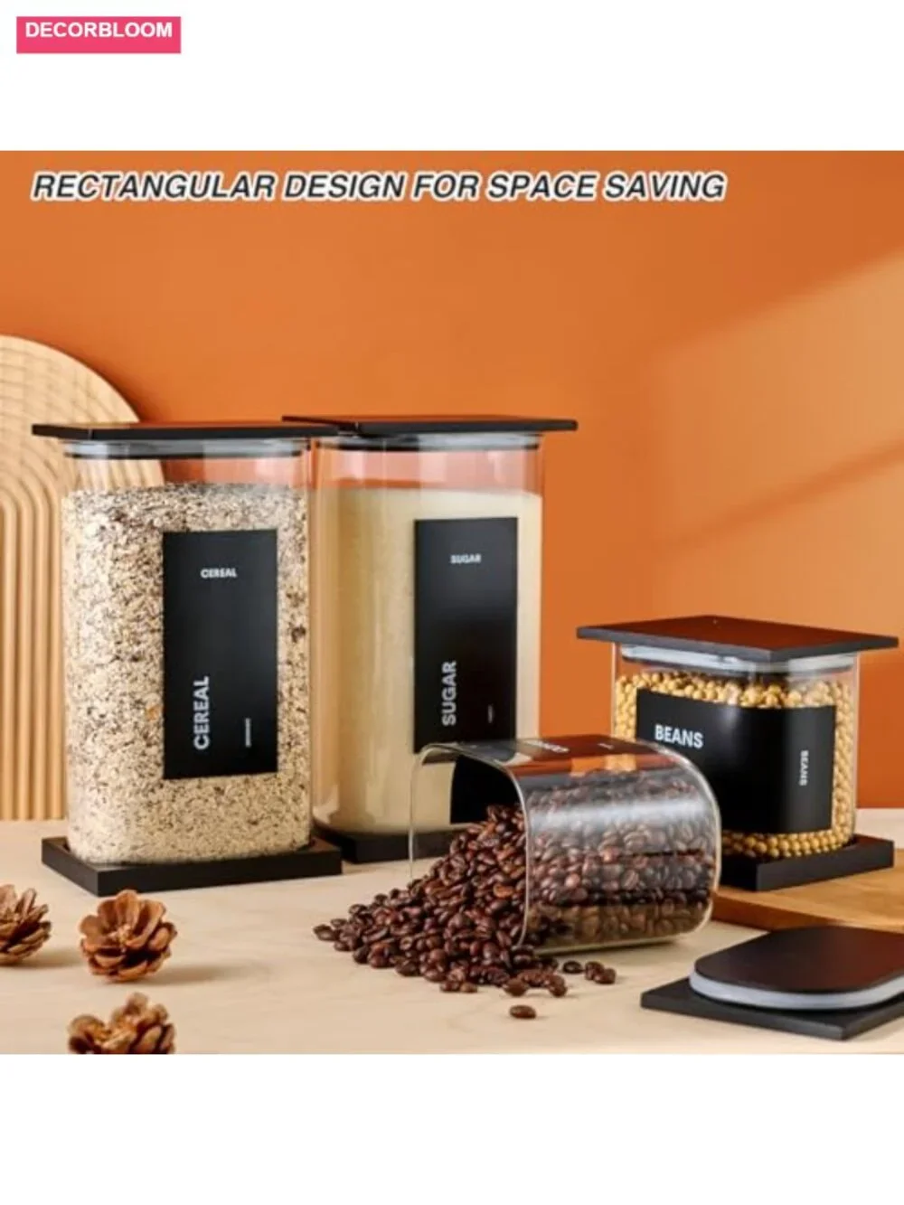 Glass Storage Jars with Bamboo Lids, 100oz Square Canister Set for Kitchen